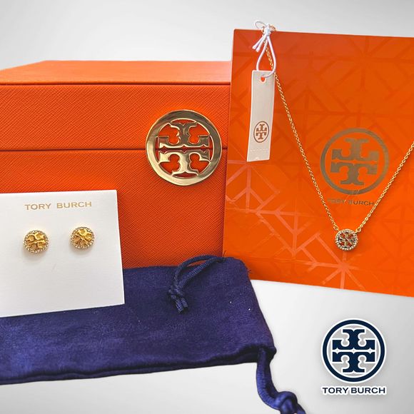 NWT Tory Burch Miller Pavé Logo Set  - 18k Gold Plated Necklace & Earrings $196 - Picture 3 of 13